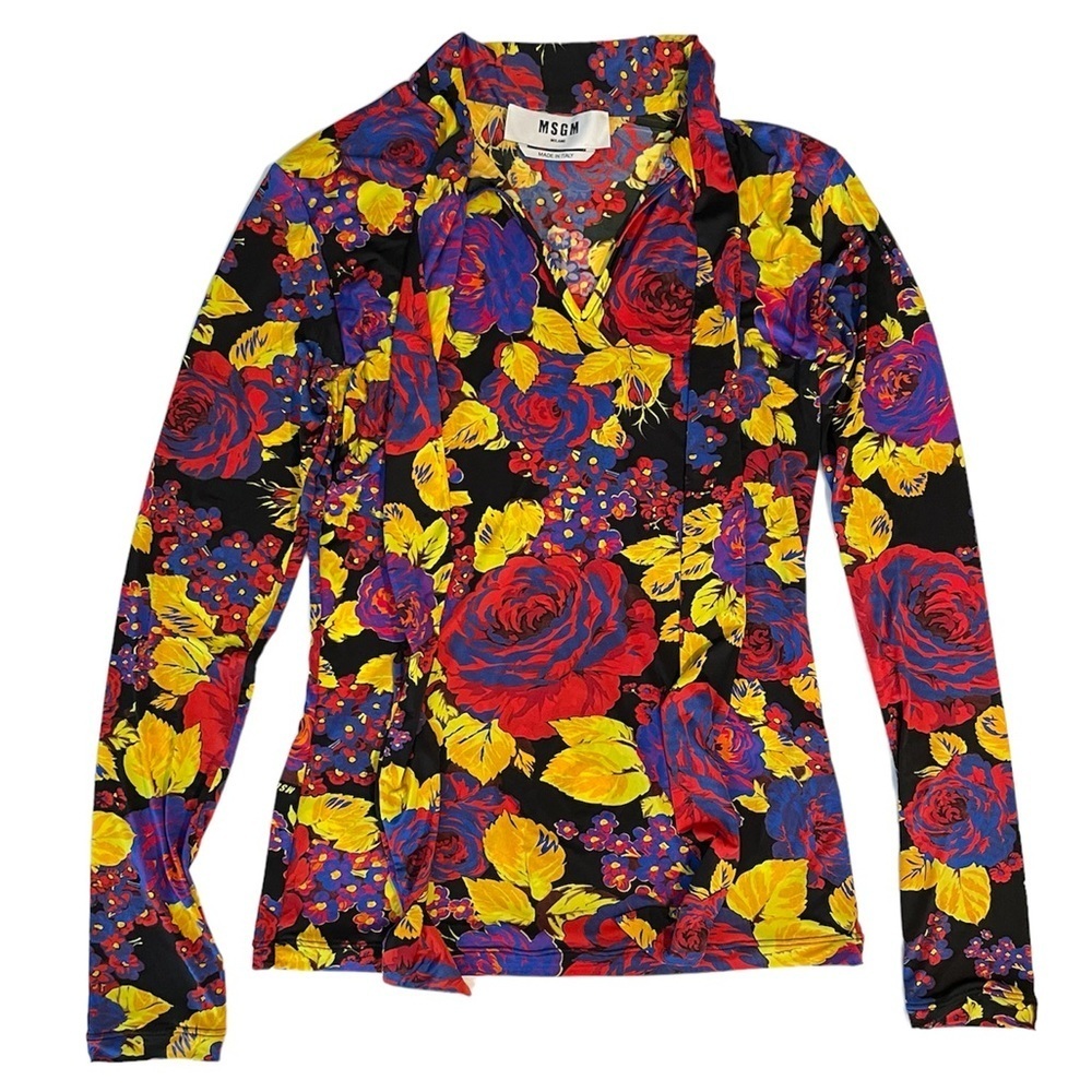 $245 MSGM Tie Neck Pussybow Blouse stretch floral long sleeve 38 Small